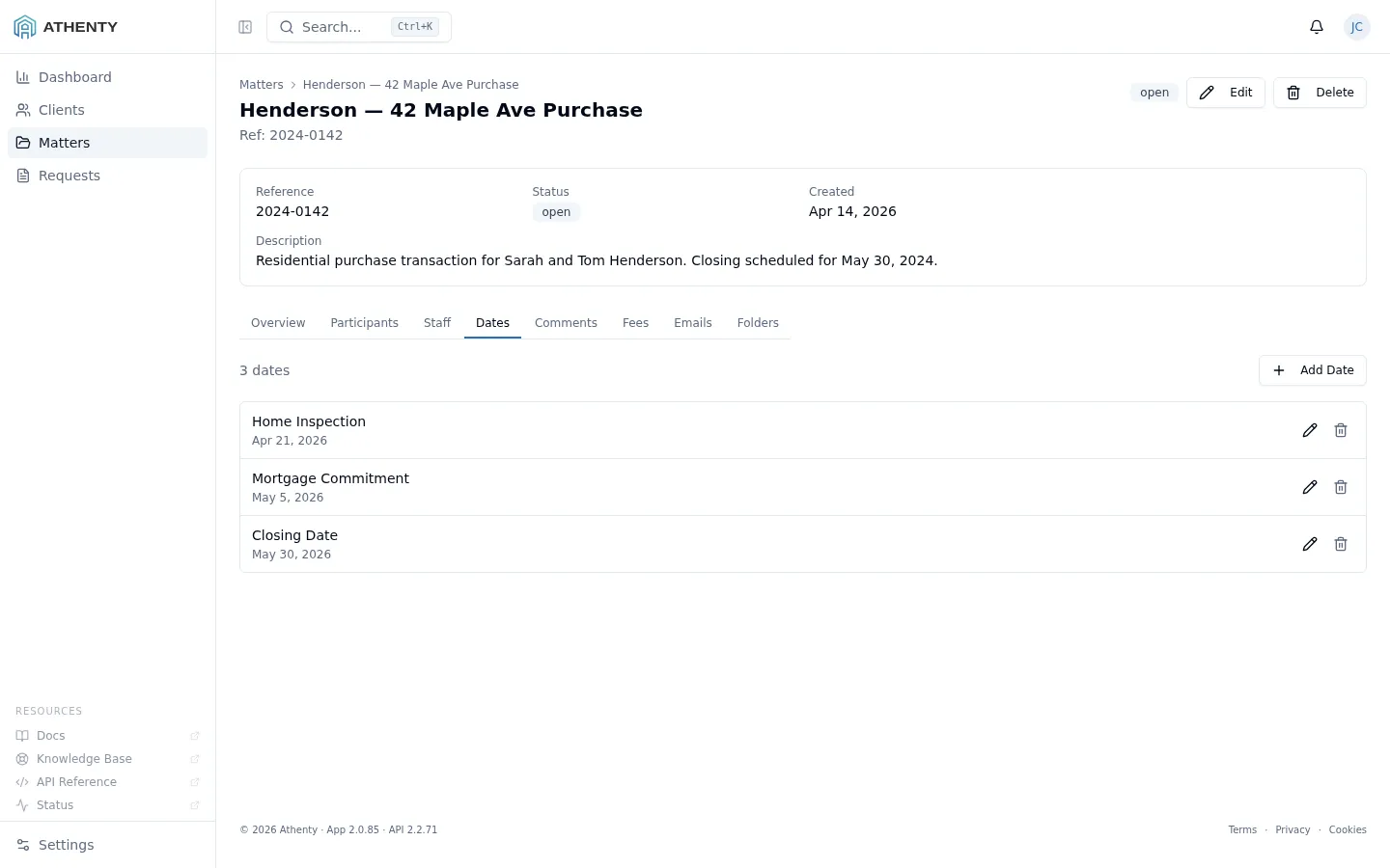 Dates tab showing three key dates: Inspection, Mortgage, and Closing