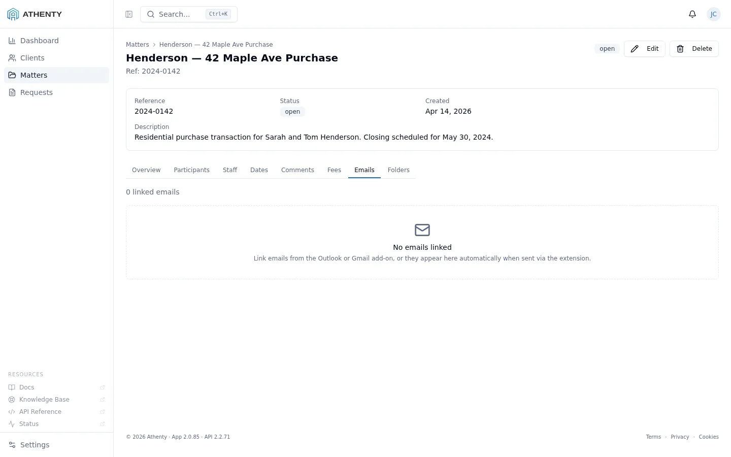 Emails tab in empty state — no emails linked yet