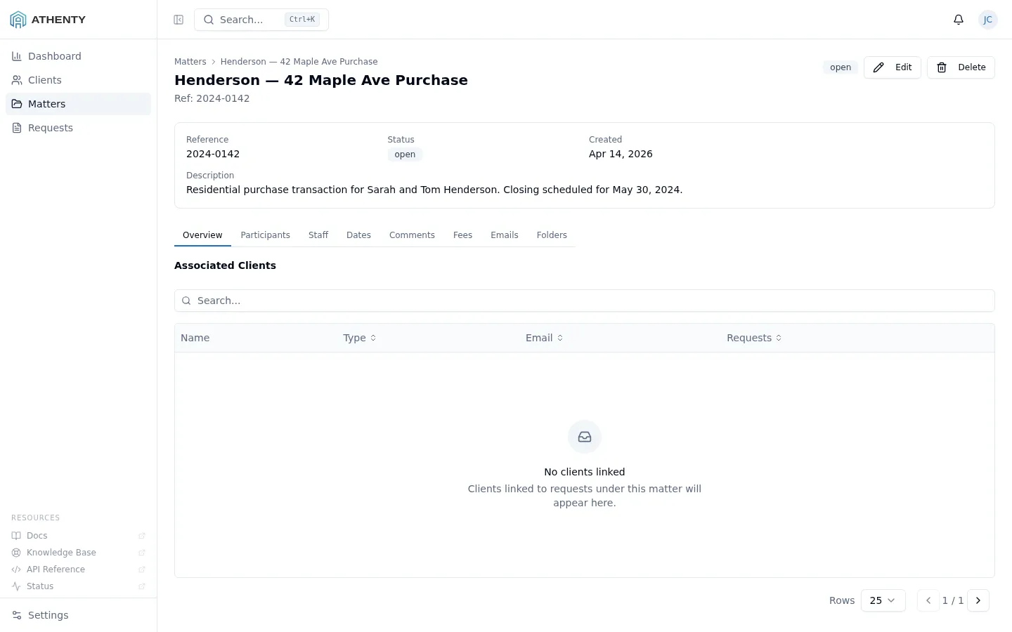 Matter overview tab showing matter name, status, type, and summary metrics