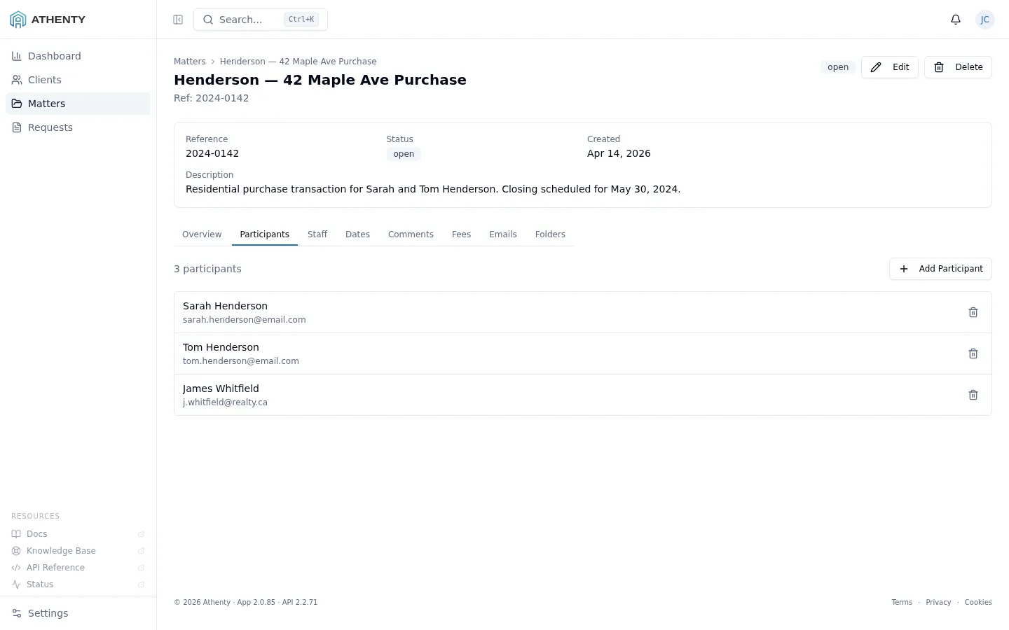 Participants tab showing three participants with roles: Buyer, Seller, and Lender
