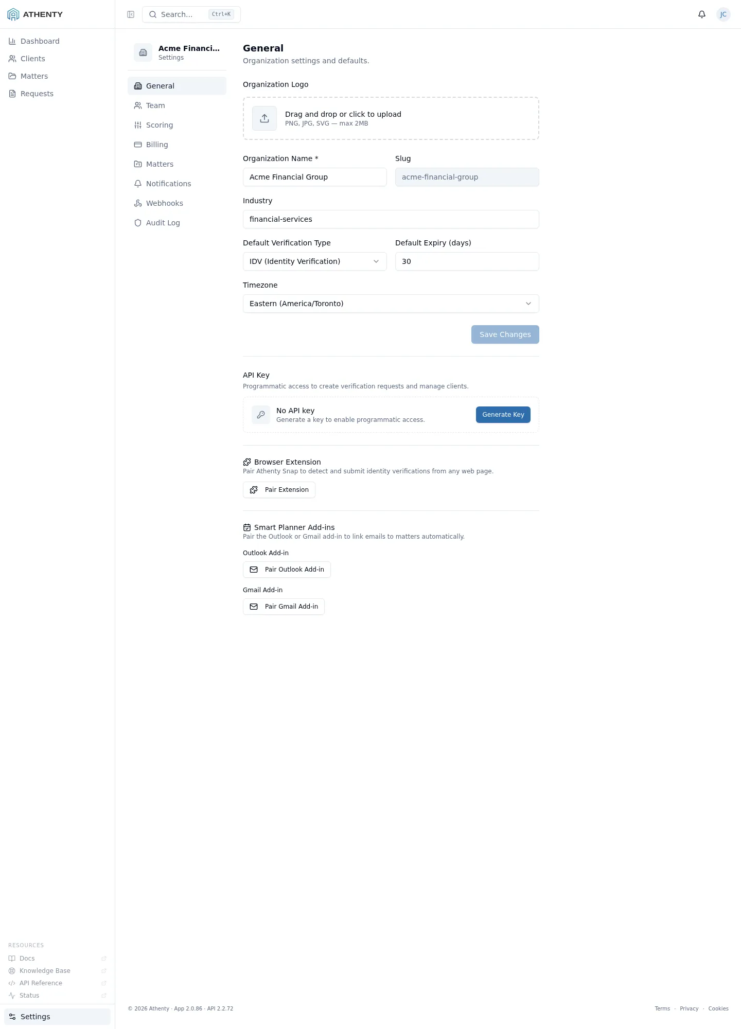 Settings page showing Browser Extension and Matter Planner Add-ins sections