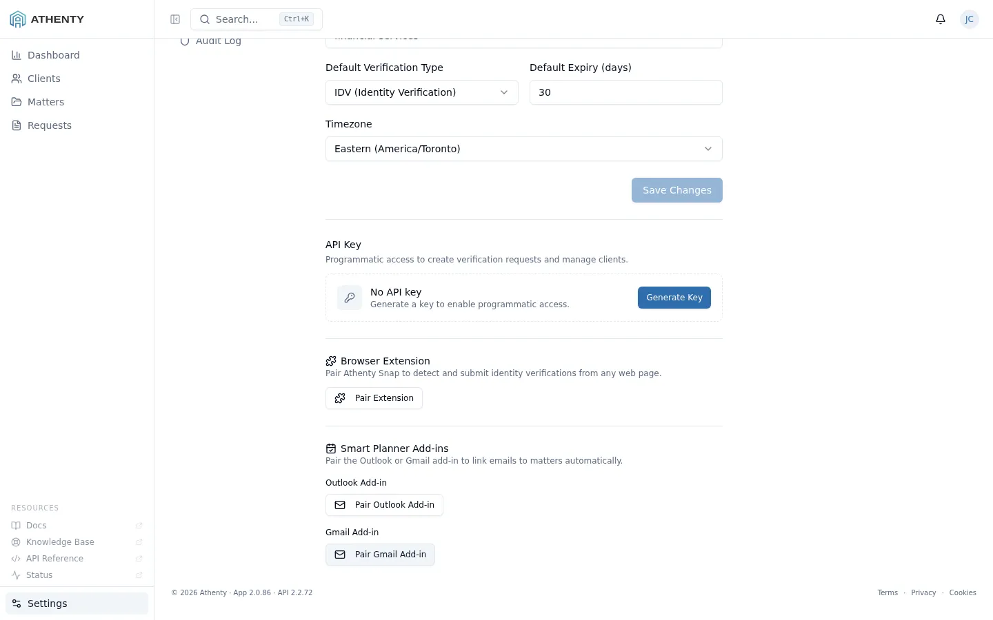 The Matter Planner Add-ins section showing Pair Outlook Add-In and Pair Gmail Add-In buttons