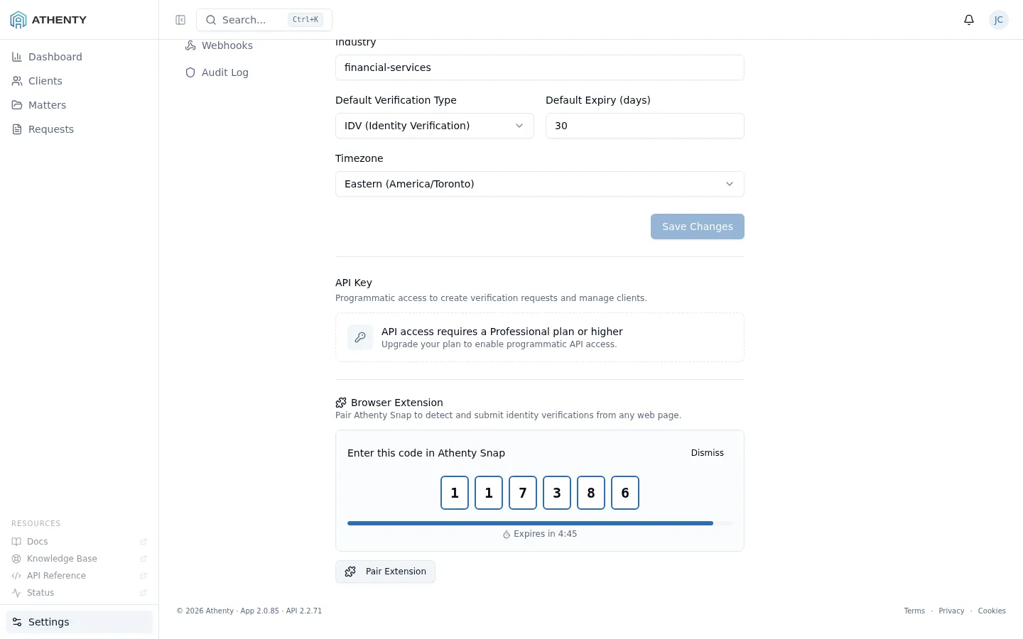 The Browser Extension section showing a 6-digit pairing code ready for entry