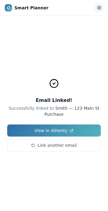 Confirmation screen showing Email Linked with the matter name and a View in Athenty link