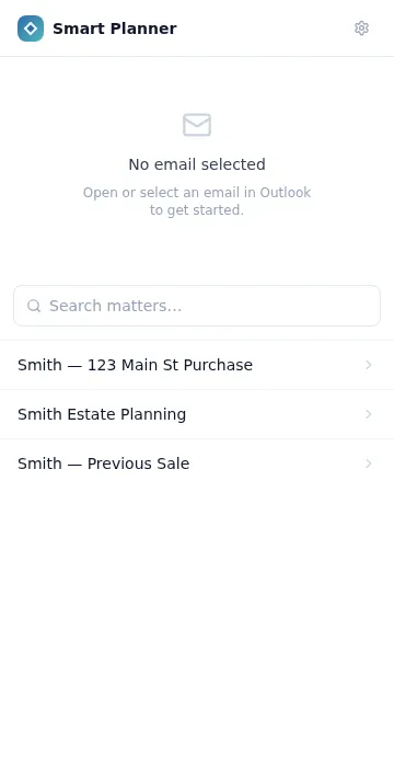 The Athenty Matter Planner task pane open in Outlook, showing matter search results and the Link to Matter button