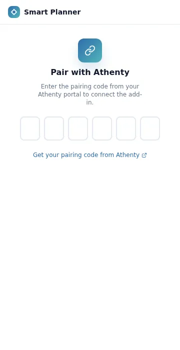 The Athenty task pane pairing screen — six digit boxes ready for code entry