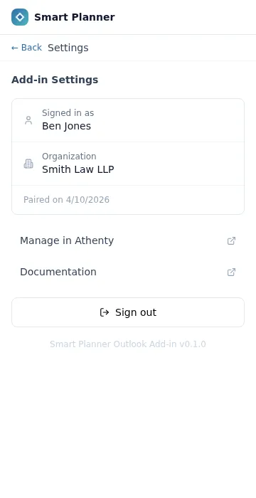 The Outlook add-in Settings screen showing paired org name, user, and sign out option