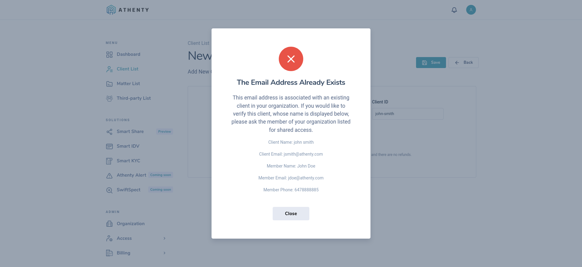 Existing Client Modal