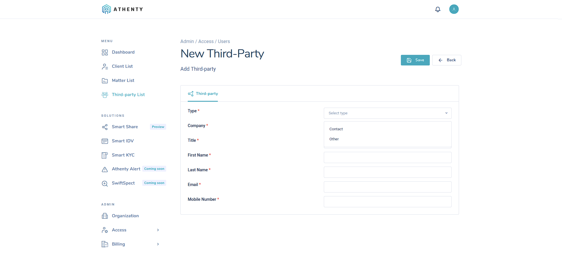 Third Party Type Selection