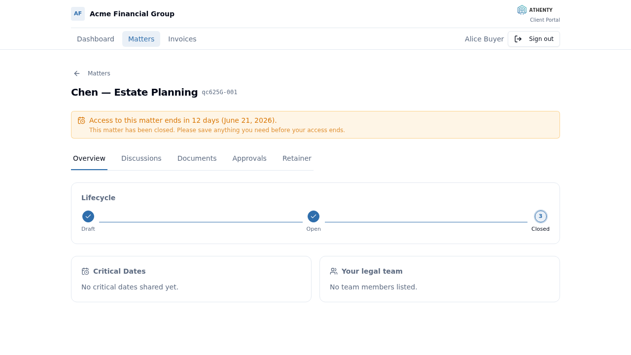 Client portal matter page with the grace-period banner — Acme Financial Group demo tenant