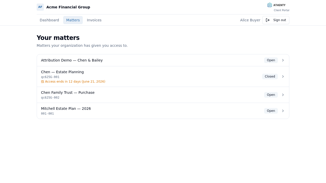 Client portal matters list showing the grace countdown — Acme Financial Group demo tenant