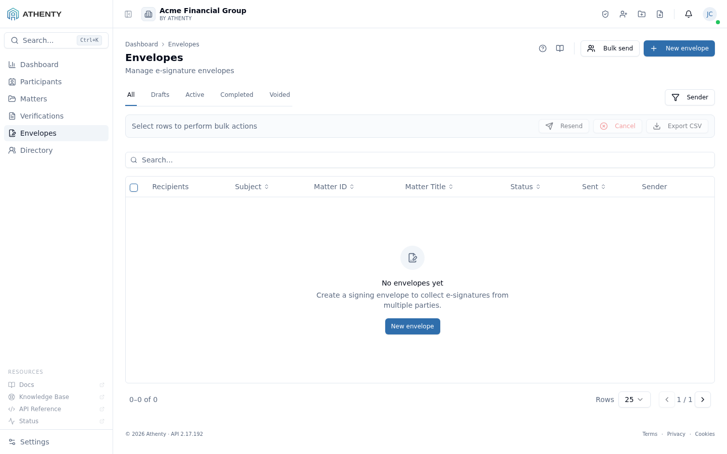Envelopes overview — Acme Financial Group demo tenant
