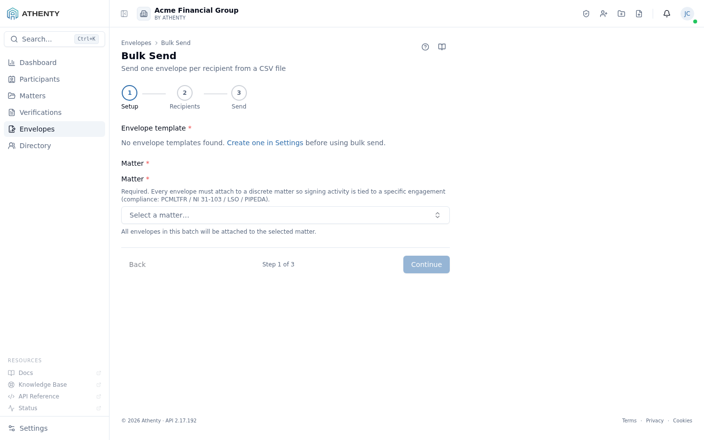 Bulk Send wizard — Acme Financial Group demo tenant