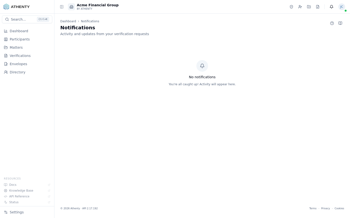 Notifications overview — Acme Financial Group demo tenant