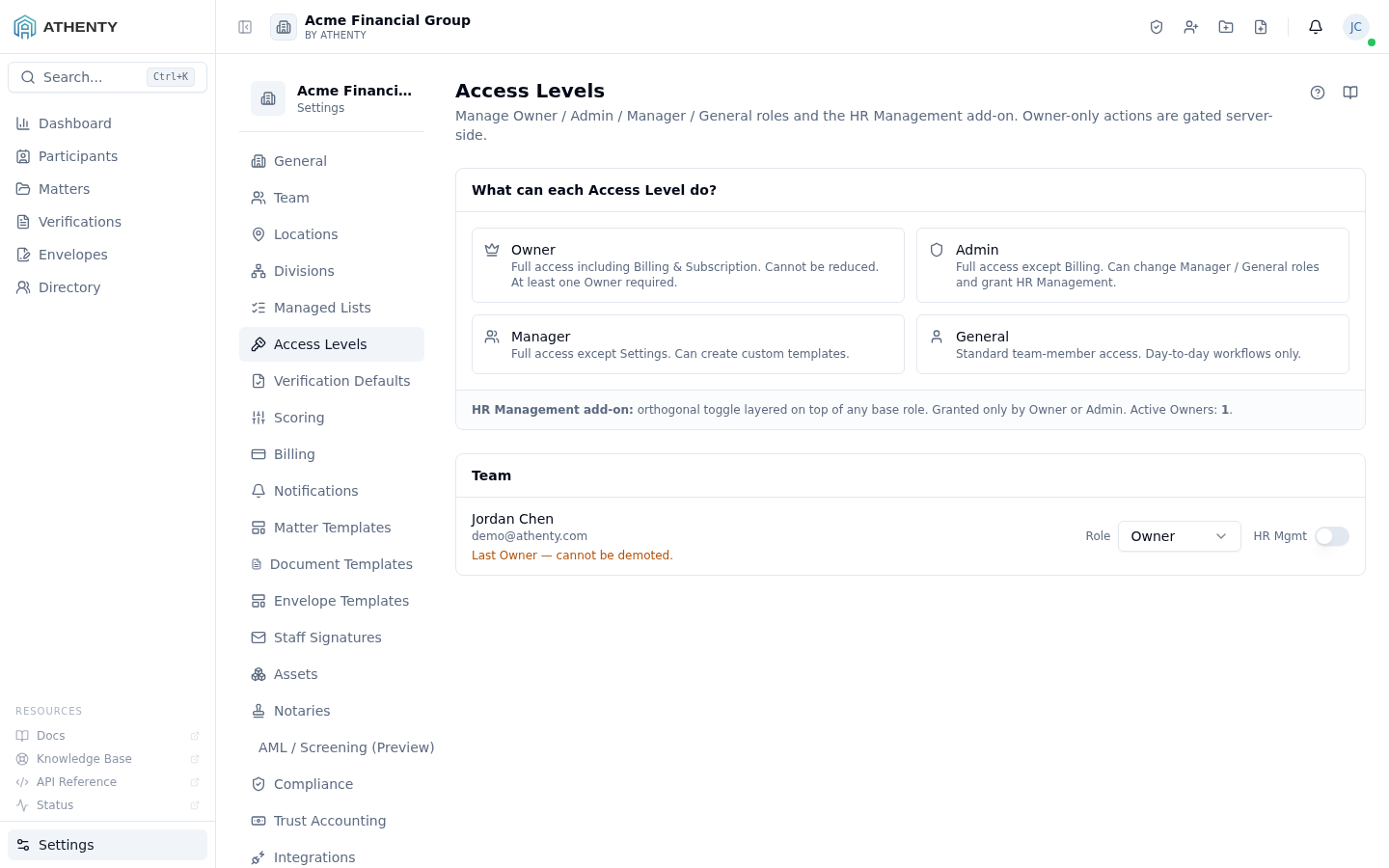 Settings Access Levels — Acme Financial Group demo tenant