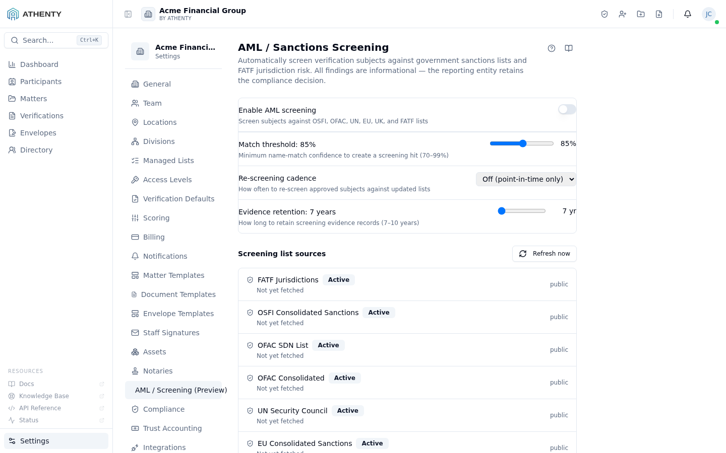 Settings AML — Acme Financial Group demo tenant