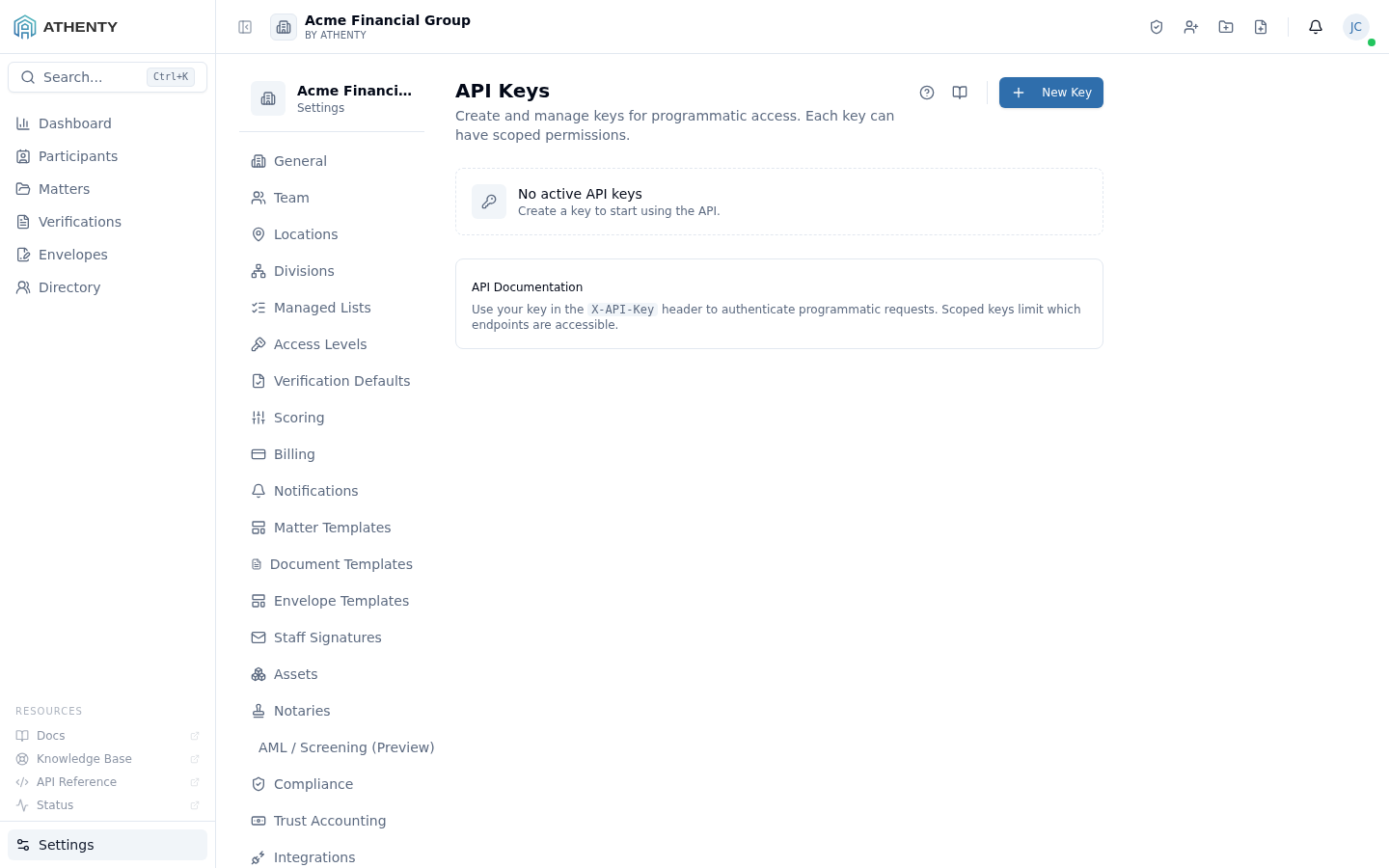 Settings API Keys — Acme Financial Group demo tenant