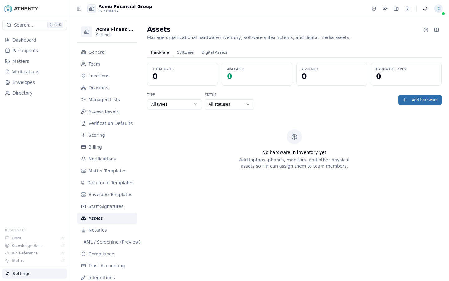 Settings Assets — Acme Financial Group demo tenant