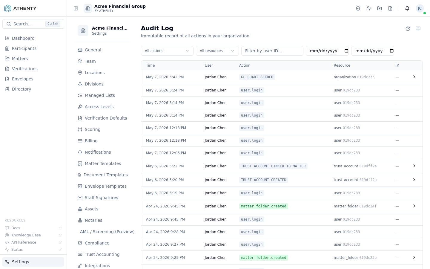 Settings Audit Log — Acme Financial Group demo tenant