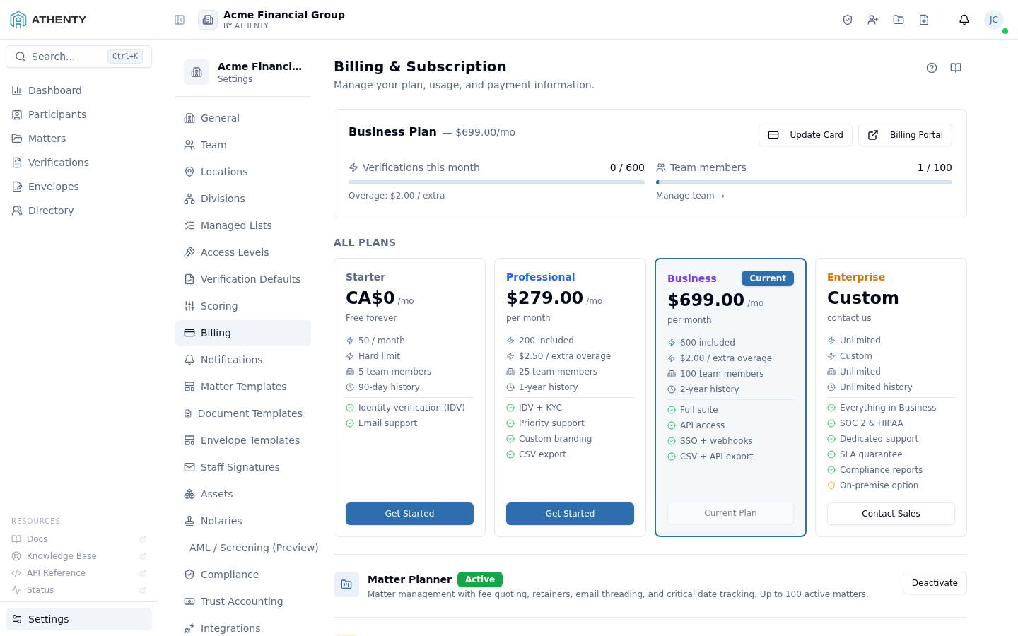 Settings Billing — Acme Financial Group demo tenant