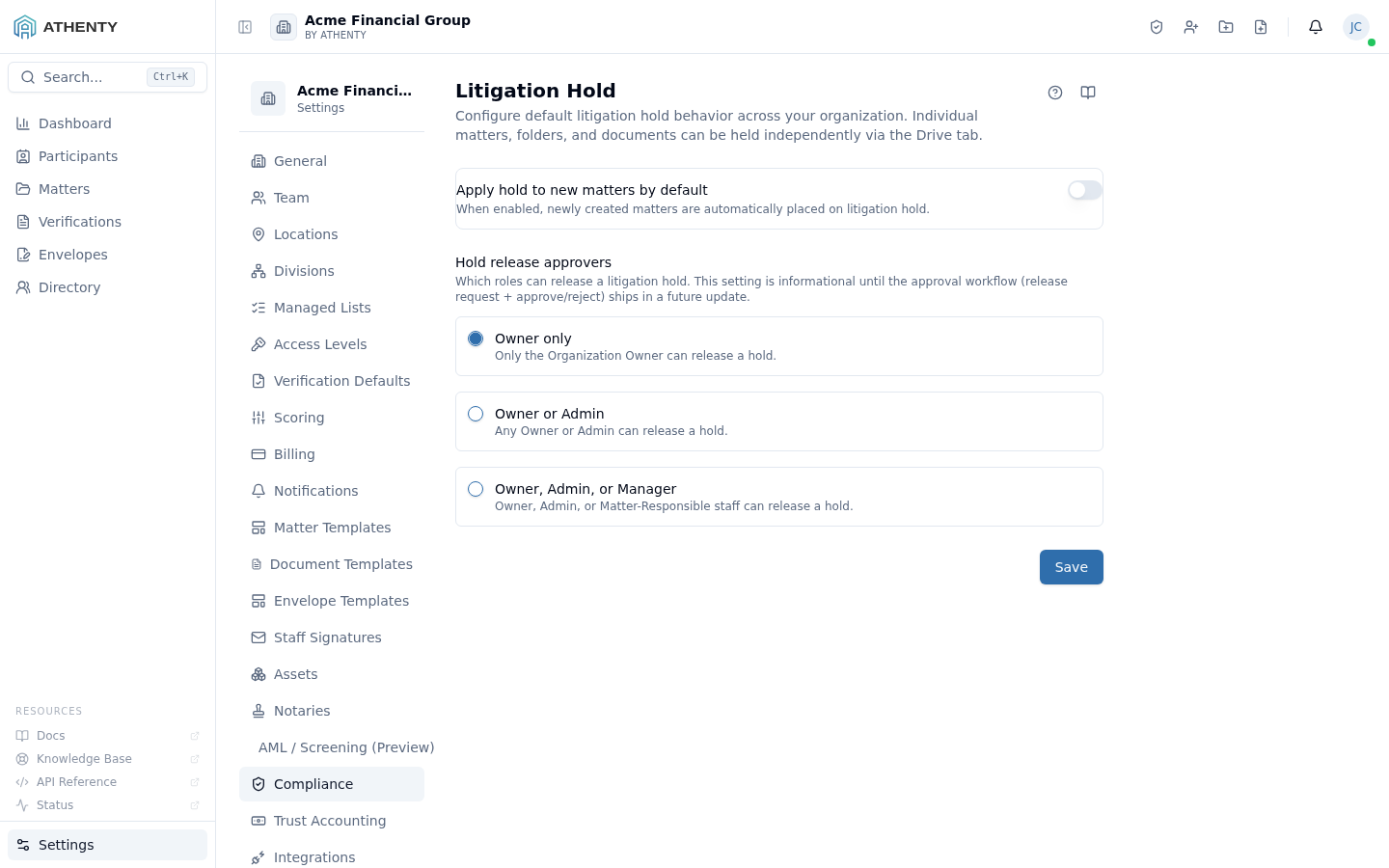 Settings Compliance — Acme Financial Group demo tenant