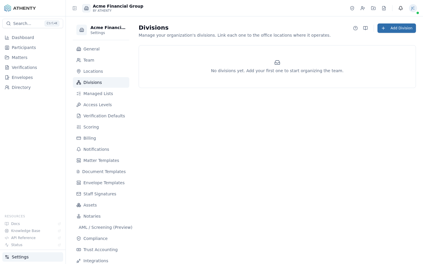 Settings Divisions — Acme Financial Group demo tenant