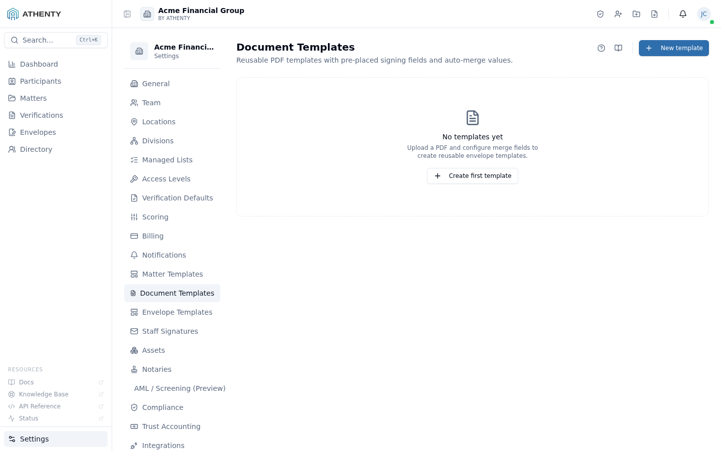 Settings Document Templates — Acme Financial Group demo tenant