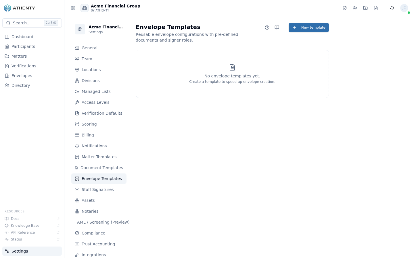Settings Envelope Templates — Acme Financial Group demo tenant