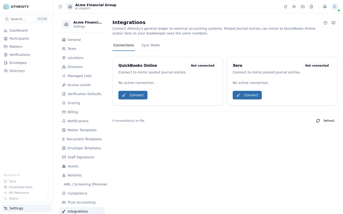 Settings Integrations — Acme Financial Group demo tenant