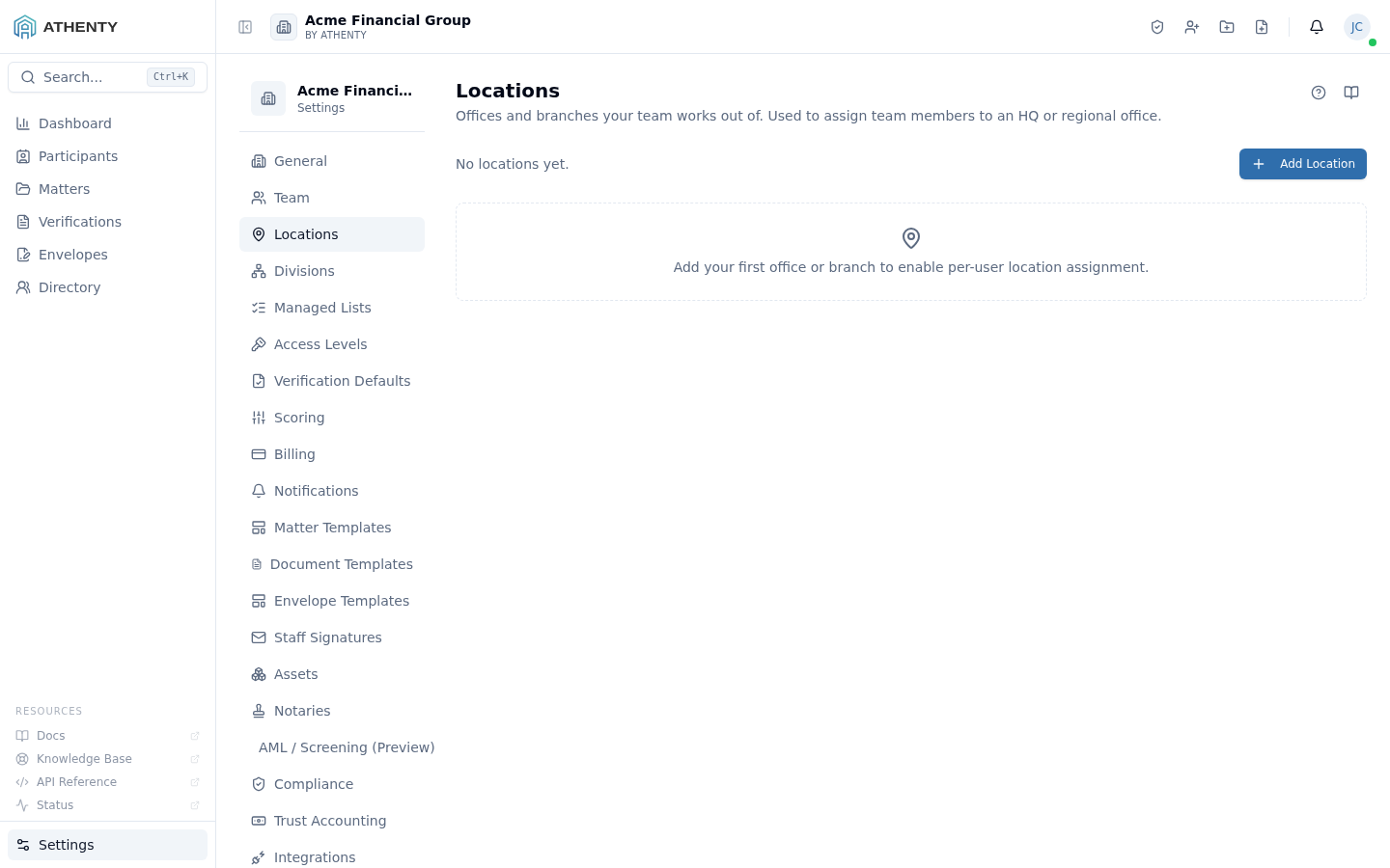 Settings Locations — Acme Financial Group demo tenant