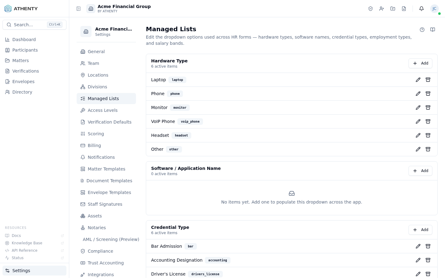 Settings Managed Lists — Acme Financial Group demo tenant