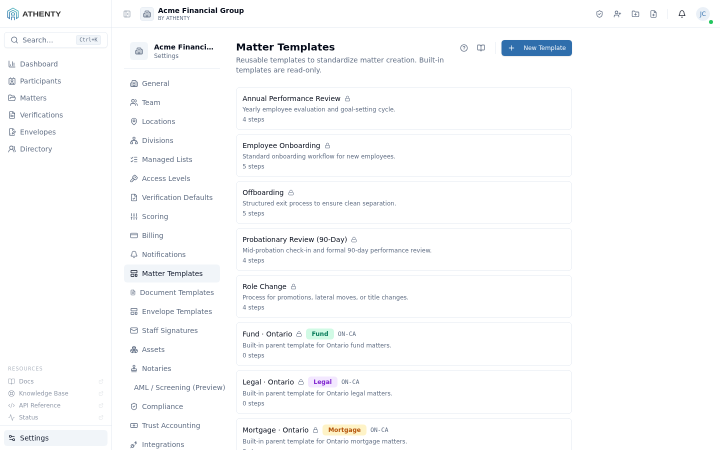 Settings Matter Templates — Acme Financial Group demo tenant