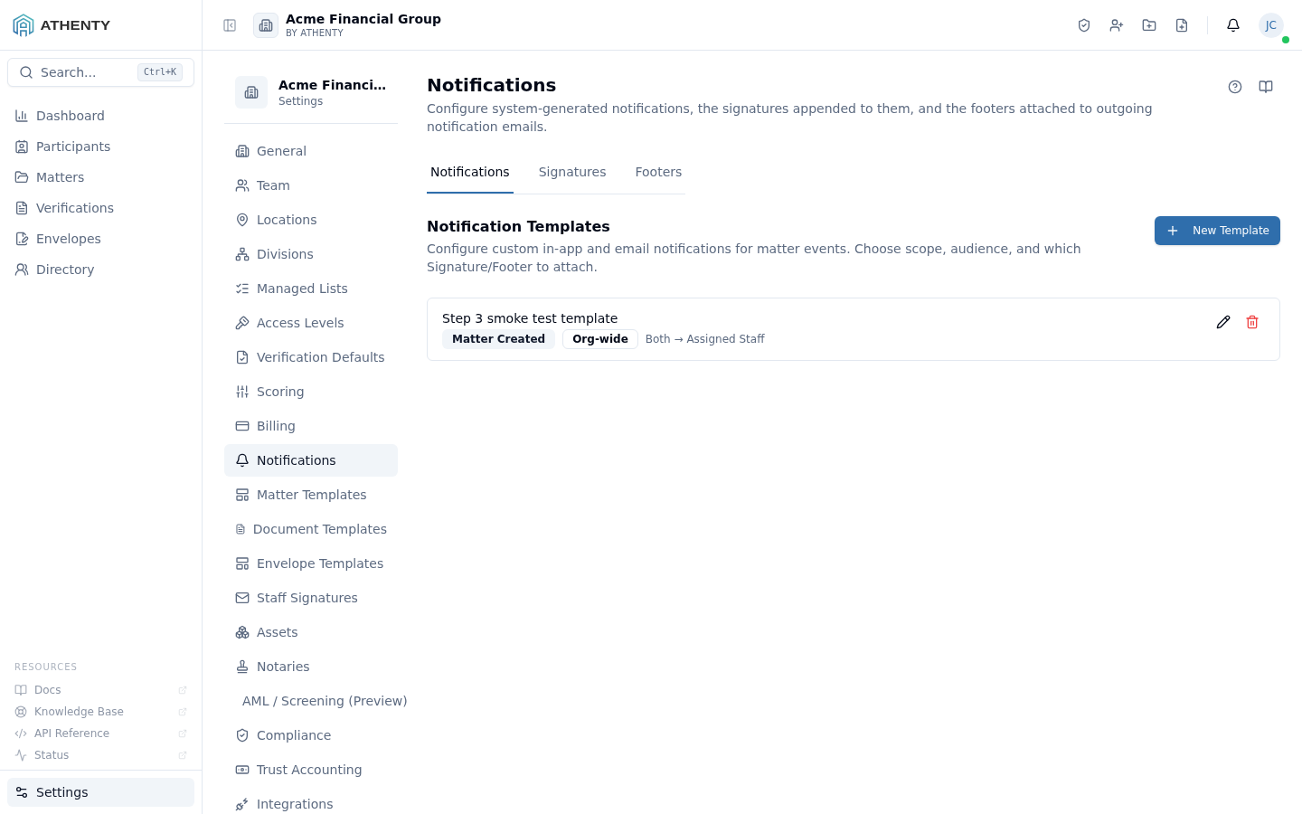Settings Notifications — Acme Financial Group demo tenant
