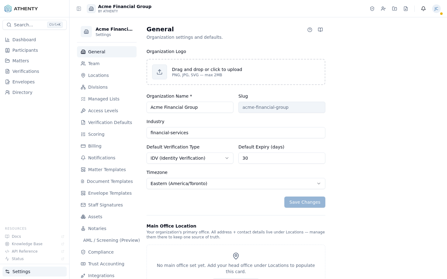 Settings Organization — Acme Financial Group demo tenant
