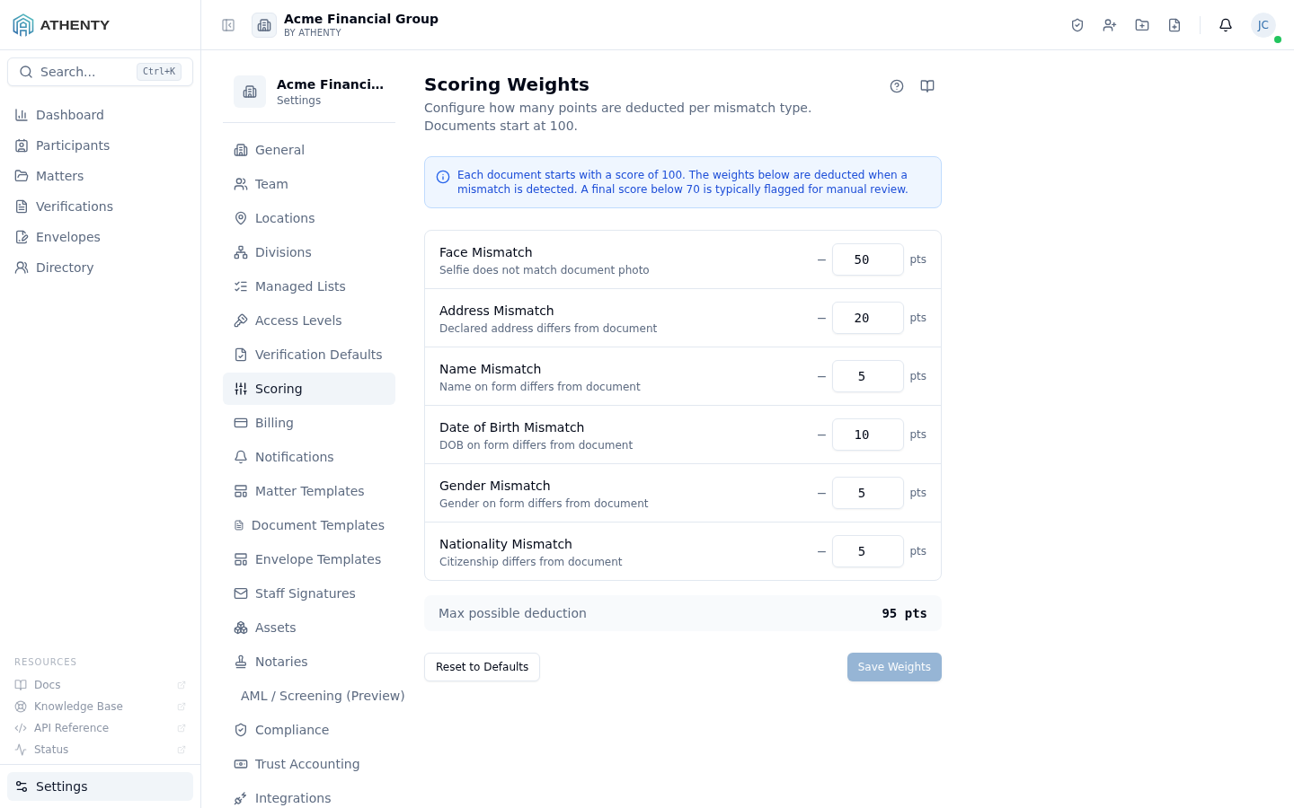Settings Scoring Weights — Acme Financial Group demo tenant