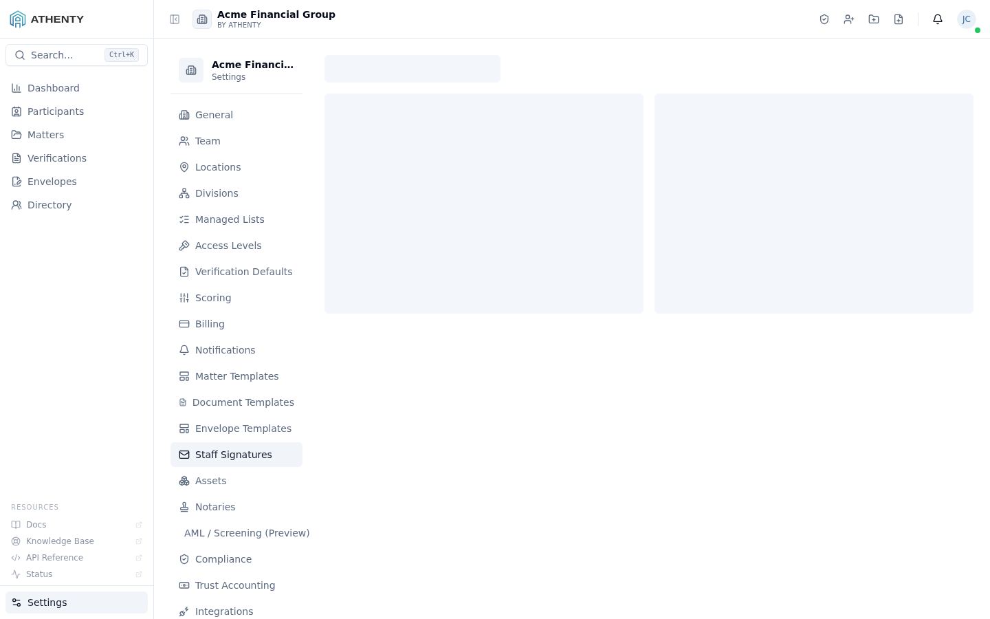 Settings Signature Editor — Acme Financial Group demo tenant