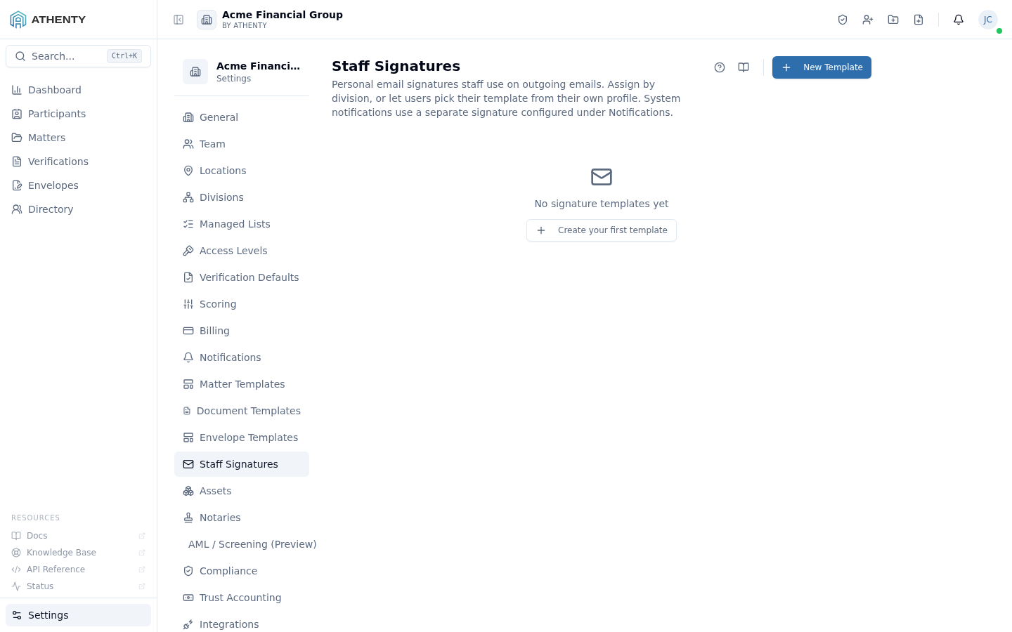 Settings Staff Signatures — Acme Financial Group demo tenant