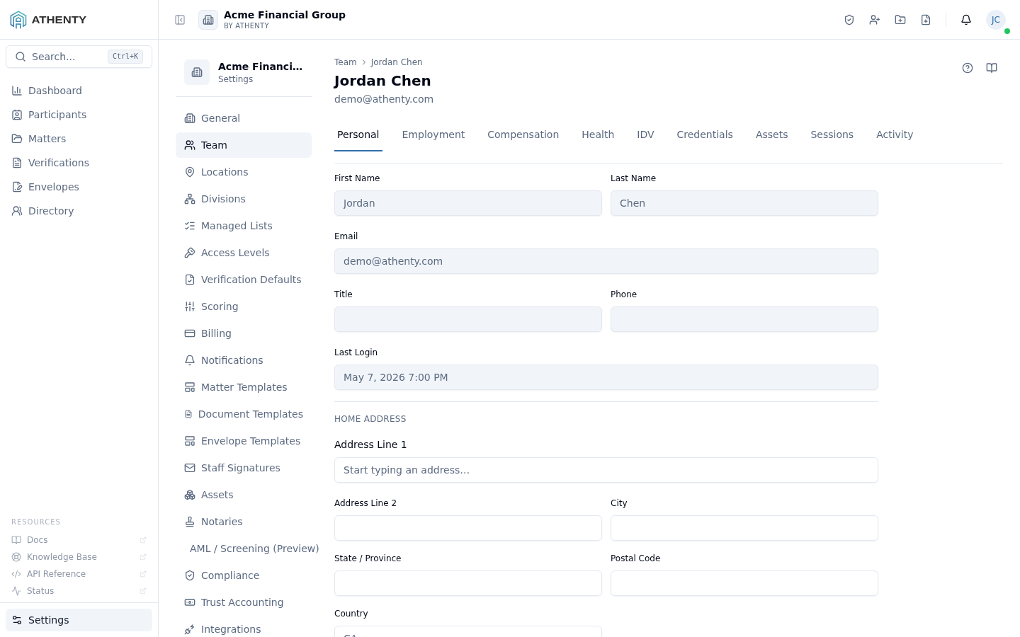 Settings Team Member — Acme Financial Group demo tenant