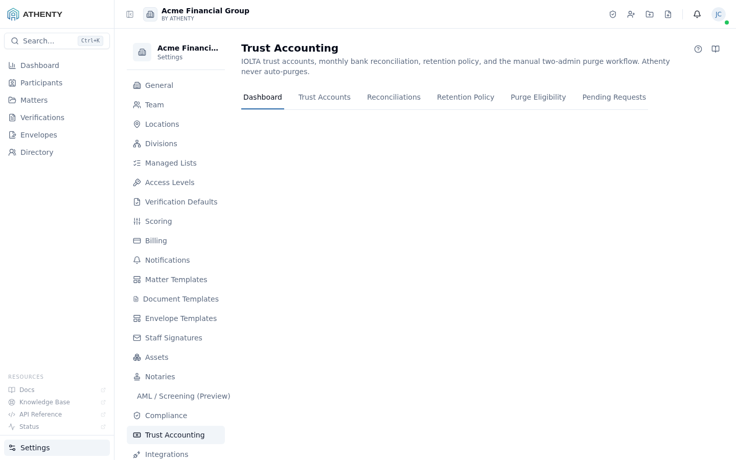 Settings Trust Accounting — Acme Financial Group demo tenant