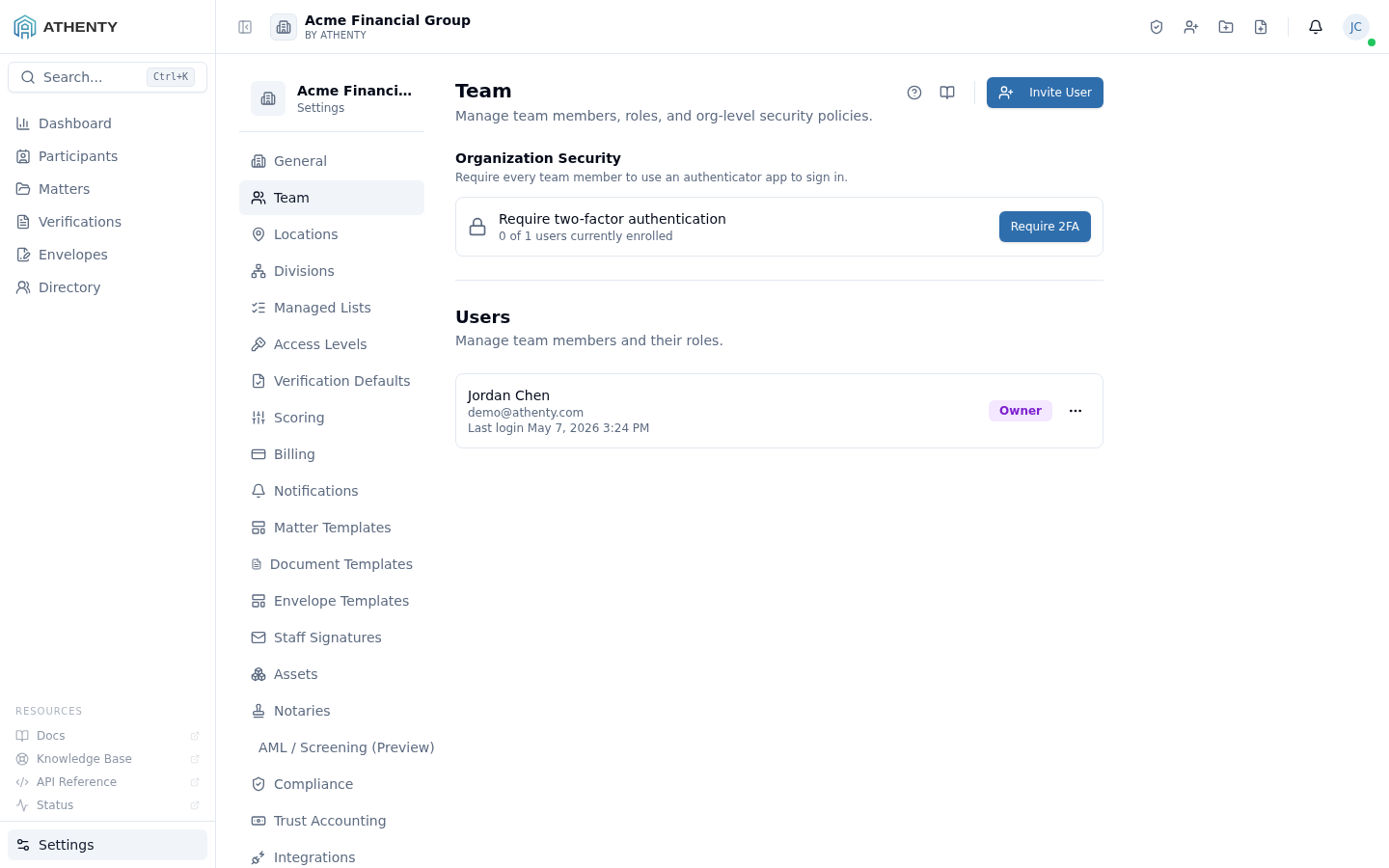 Settings Team — Acme Financial Group demo tenant