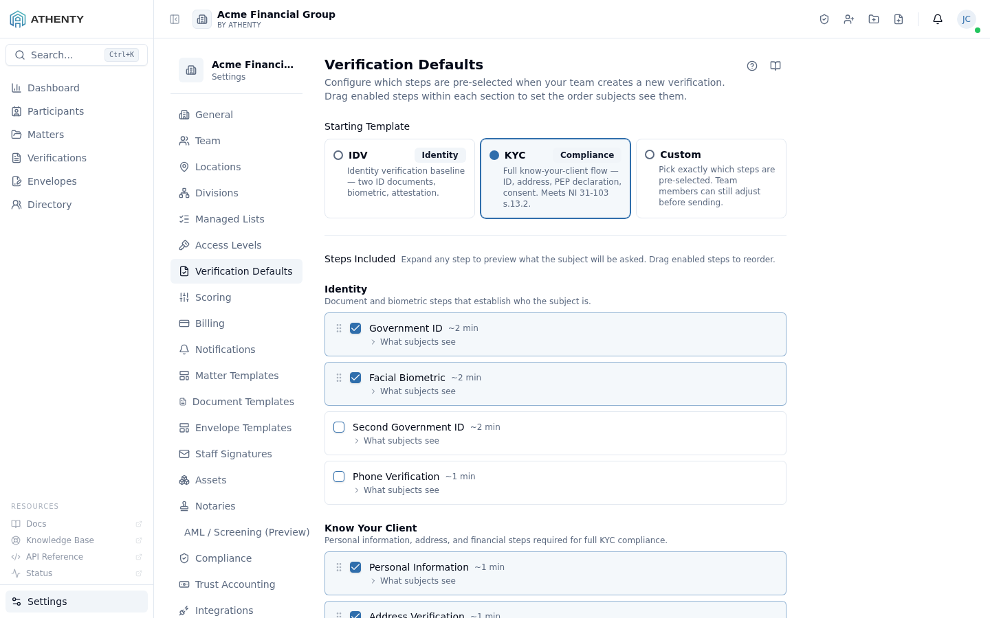 Settings Verification Defaults — Acme Financial Group demo tenant