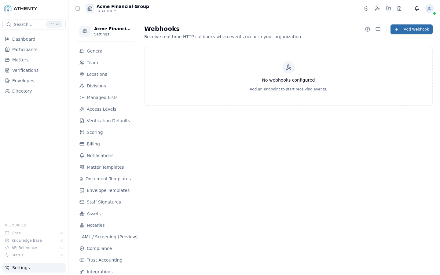 Settings Webhooks — Acme Financial Group demo tenant