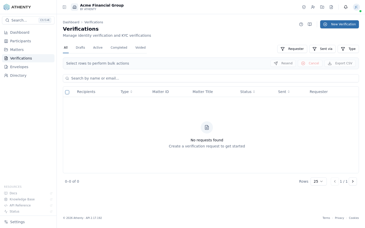 Verifications overview — Acme Financial Group demo tenant