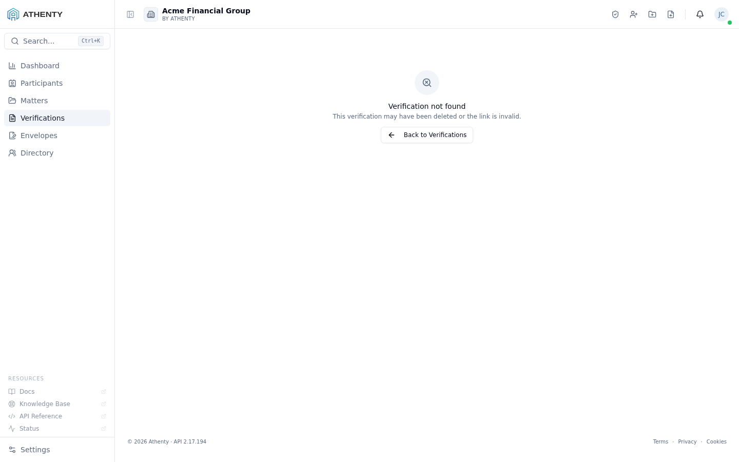 Verification detail — Acme Financial Group demo tenant