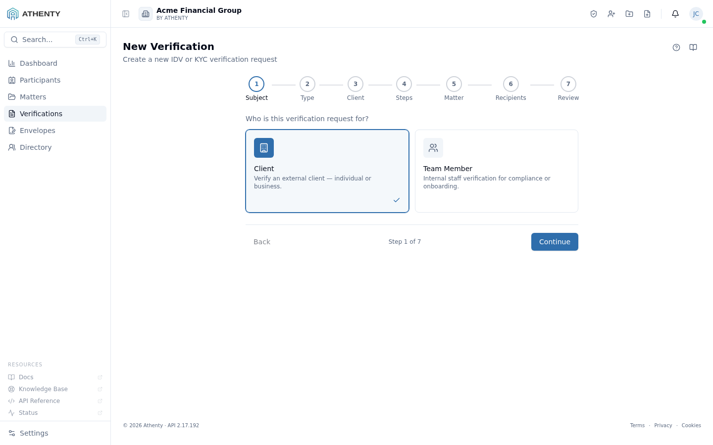 New Verification wizard — Acme Financial Group demo tenant